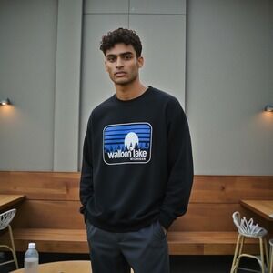 PRO WEAVE Men Black Walloon Lake Michigan Graphic Crewneck Sweatshirt 3X